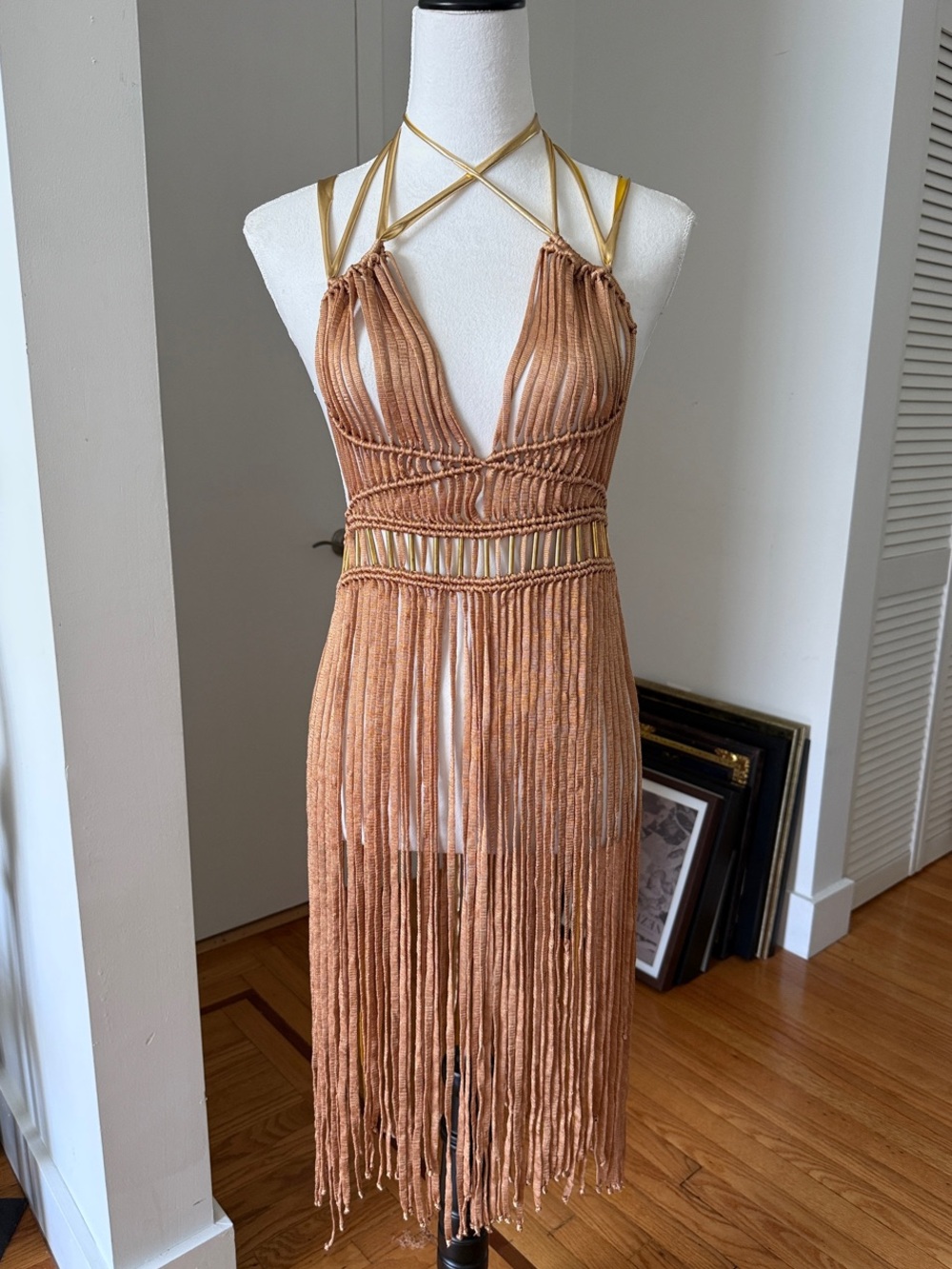 Macrame Fringe Knit Halter Midi Dress in Bronze Color One Size